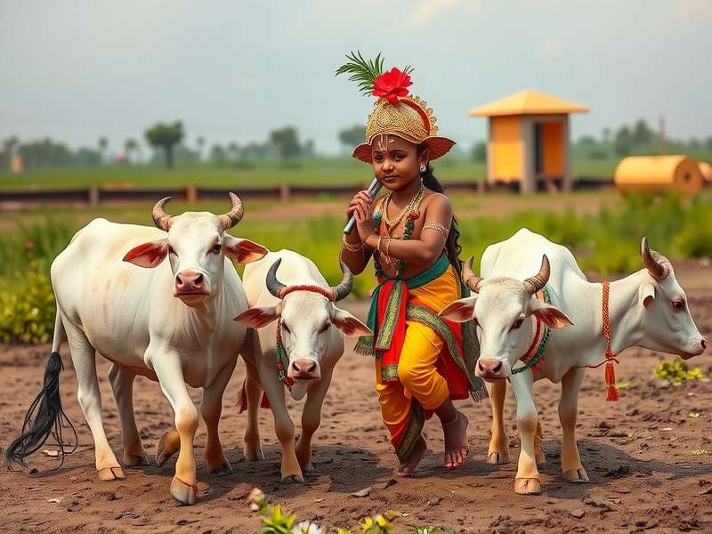 Krishna Playing with Cows in Krishna's Playful Deeds Game